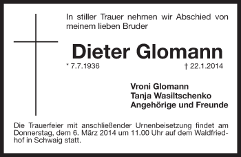 Traueranzeige von Dieter Glomann von Pegnitz-Zeitung